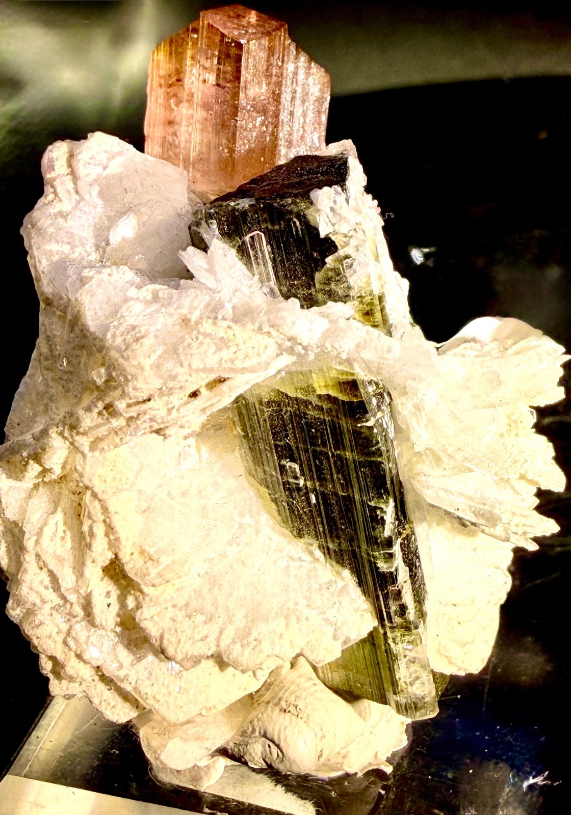 Pink Cap Green Elbaite Tourmaline on Albite Stak Nala Pakistan