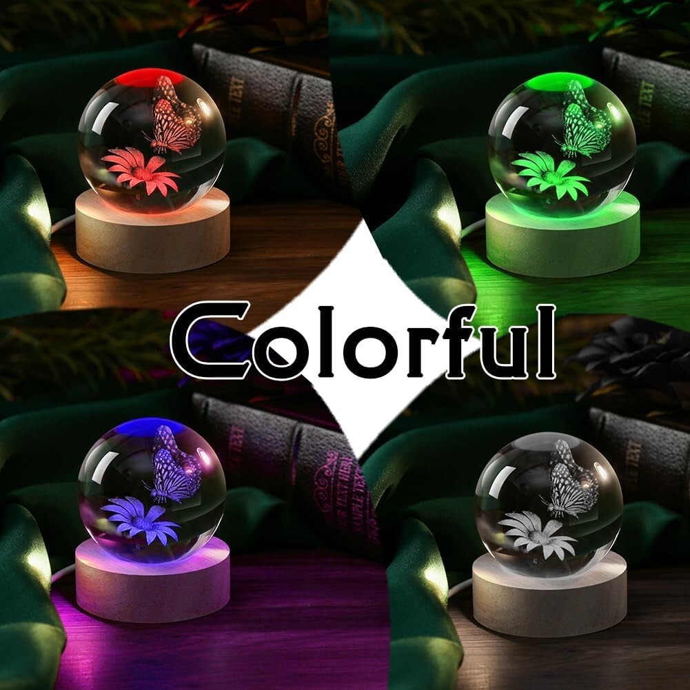 Charming Butterfly Crystal Ball with Polished Wood Base – Decorative Table Lamp