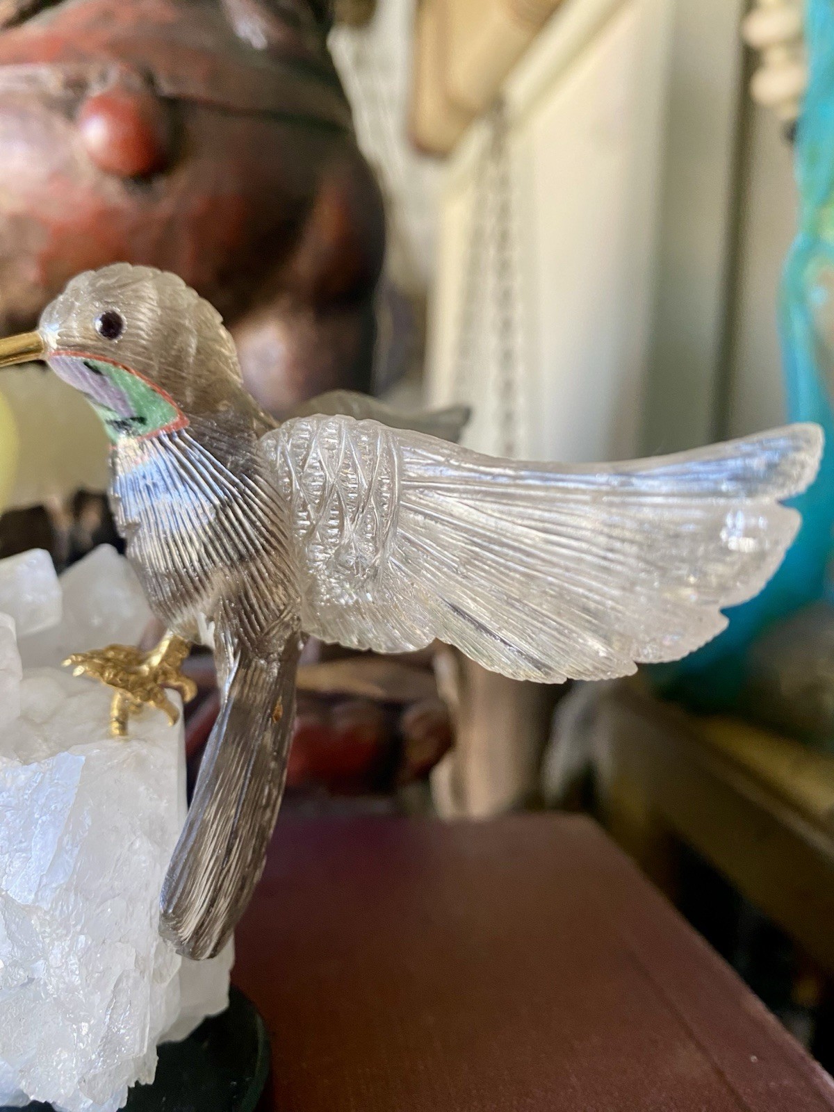 Peter Muller Hand Carved Smokey Quartz, Marble, Quartz Hummingbirds On Quartz