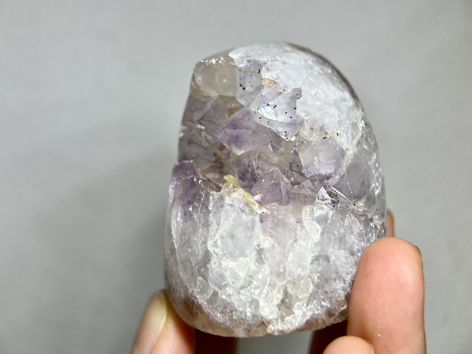 Natural cute light purple amethyst geode crystal, hematite inclusion & rainbows