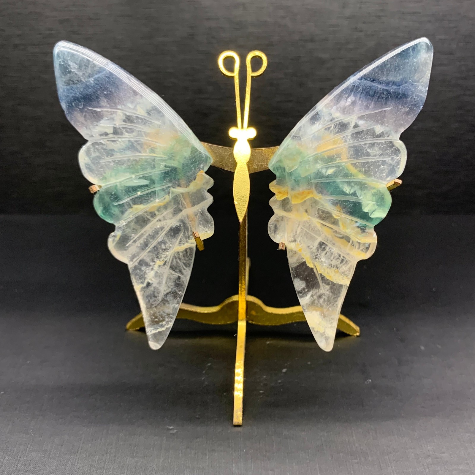 100G Natural Crystal Fluorite Butterfly Wings Healing Statue Decor + Stand