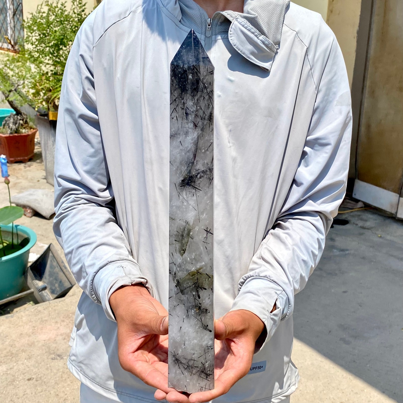 3.9LB Natural black hair and white crystal symbiotic aura gem mineral point