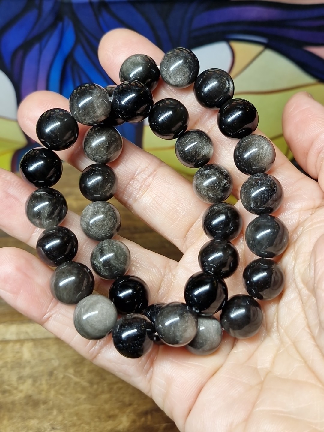 Silver Sheen Obsidian Crystal 12mm Bead Stretch Bracelet 20.4cm Or 19.2cm