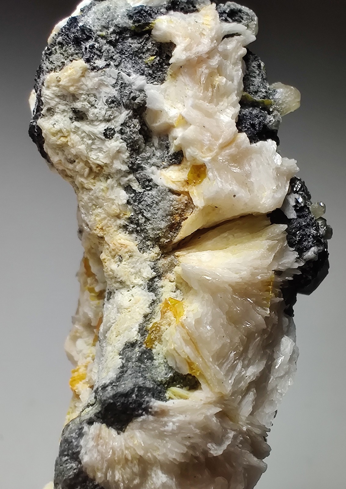 Wulfenite, Cerussite and Barite crystals, UV. Mibladen, Morocco. 6 cm.