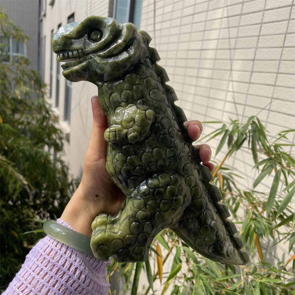 4.1LB 8.2″ Natural Xiuyan Jade Dinosaurs Figurine Quartz Crystal Reiki Carving