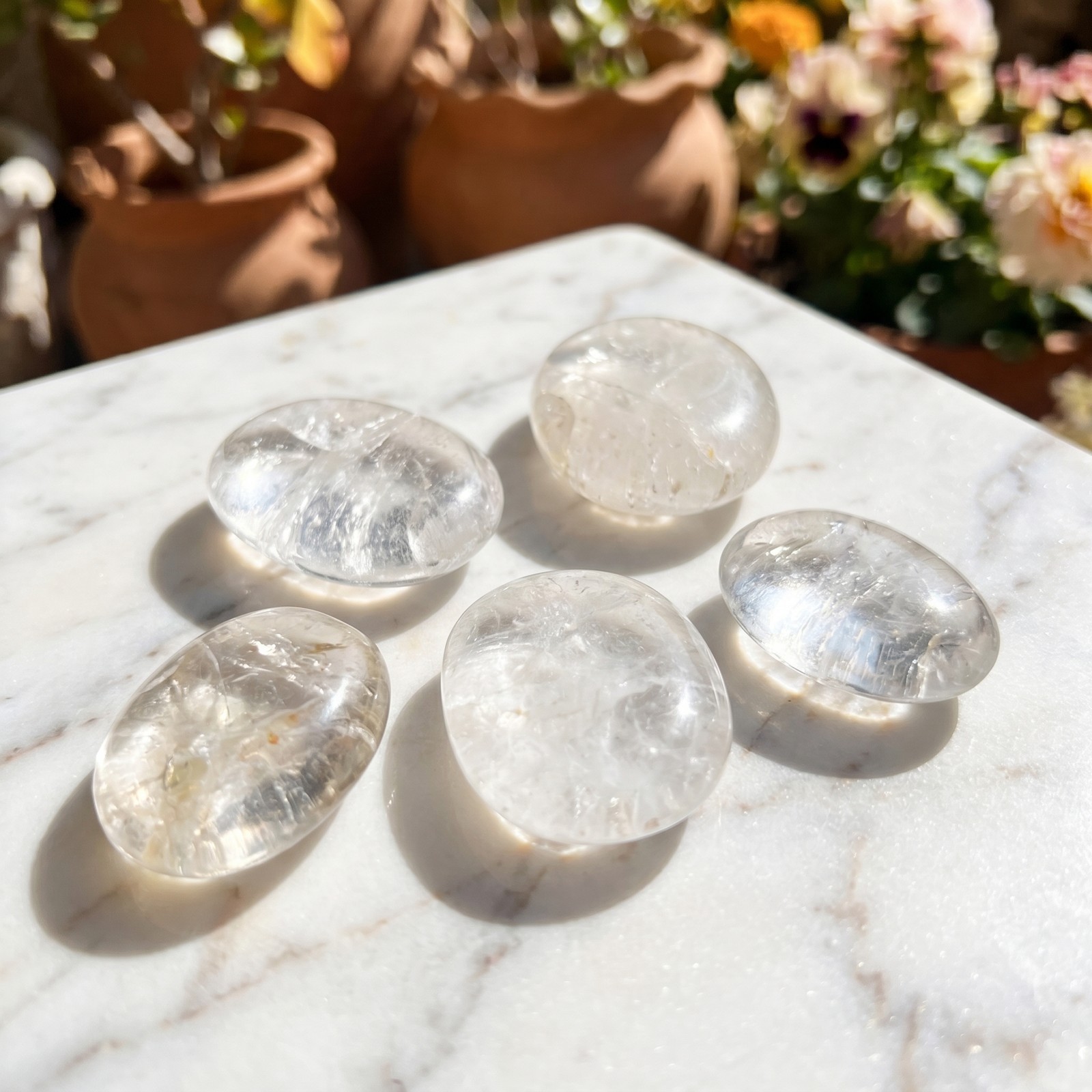 Clear Quartz Crystal Palm Stone Carving Genuine Mineral