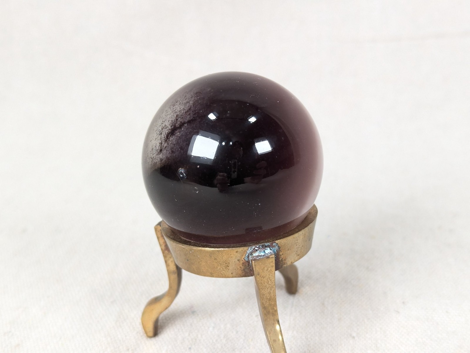 Vintage Purple Obsidian Glass Sphere on Three-Legged Brass Tripod Stand Decor