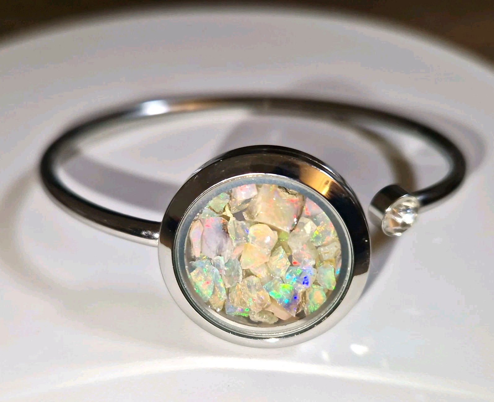 Natural Rough Ethiopian Opal Stainless Steel Bangle Great Colour Play