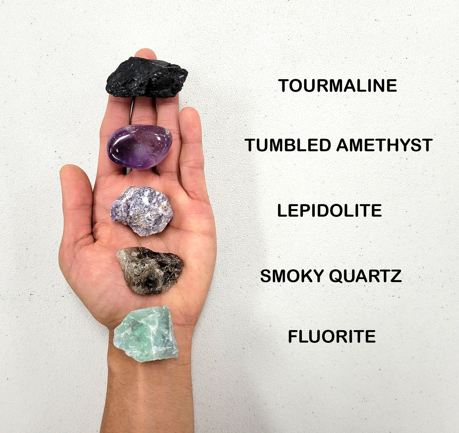 Crystal Set for Empaths, Tourmaline Amethyst Lepidolite Smoky Quartz Fluorite