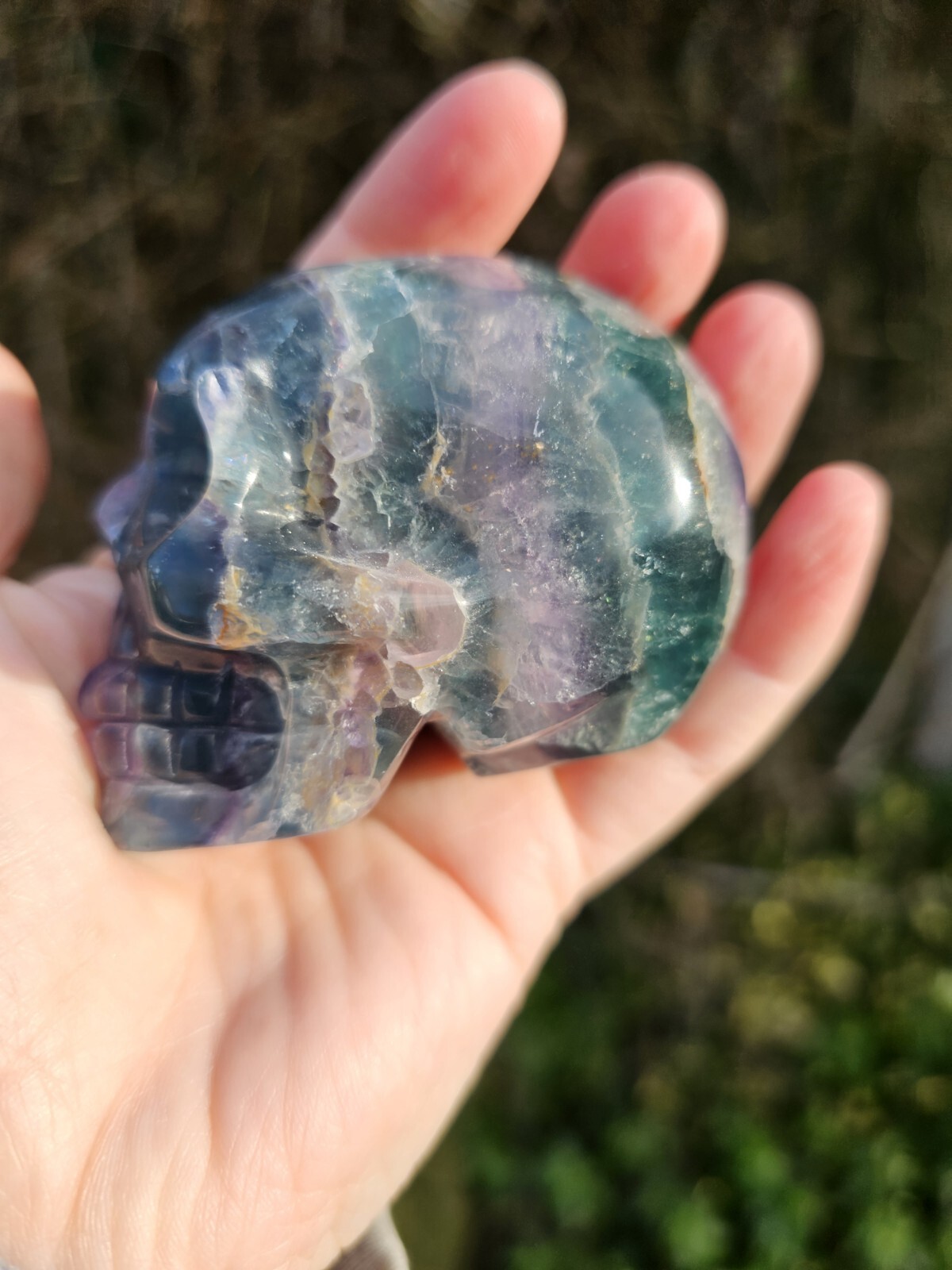 Rainbow Fluorite Skull Crystal Carving 317g Purple Green Blue 6.5x 5 x 4.4cm