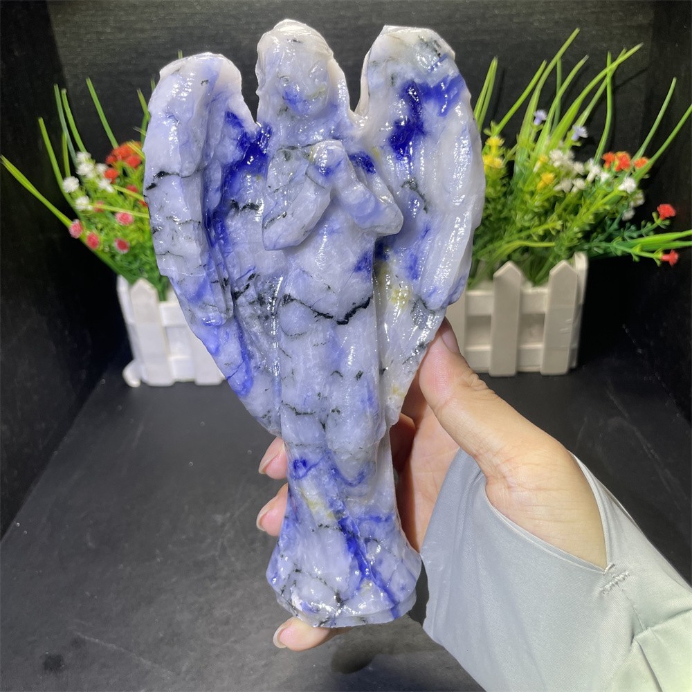 1.5LB 7.2″ Natural Sodalite And Quartz Angel Carving Crystal Quartz UV Reiki