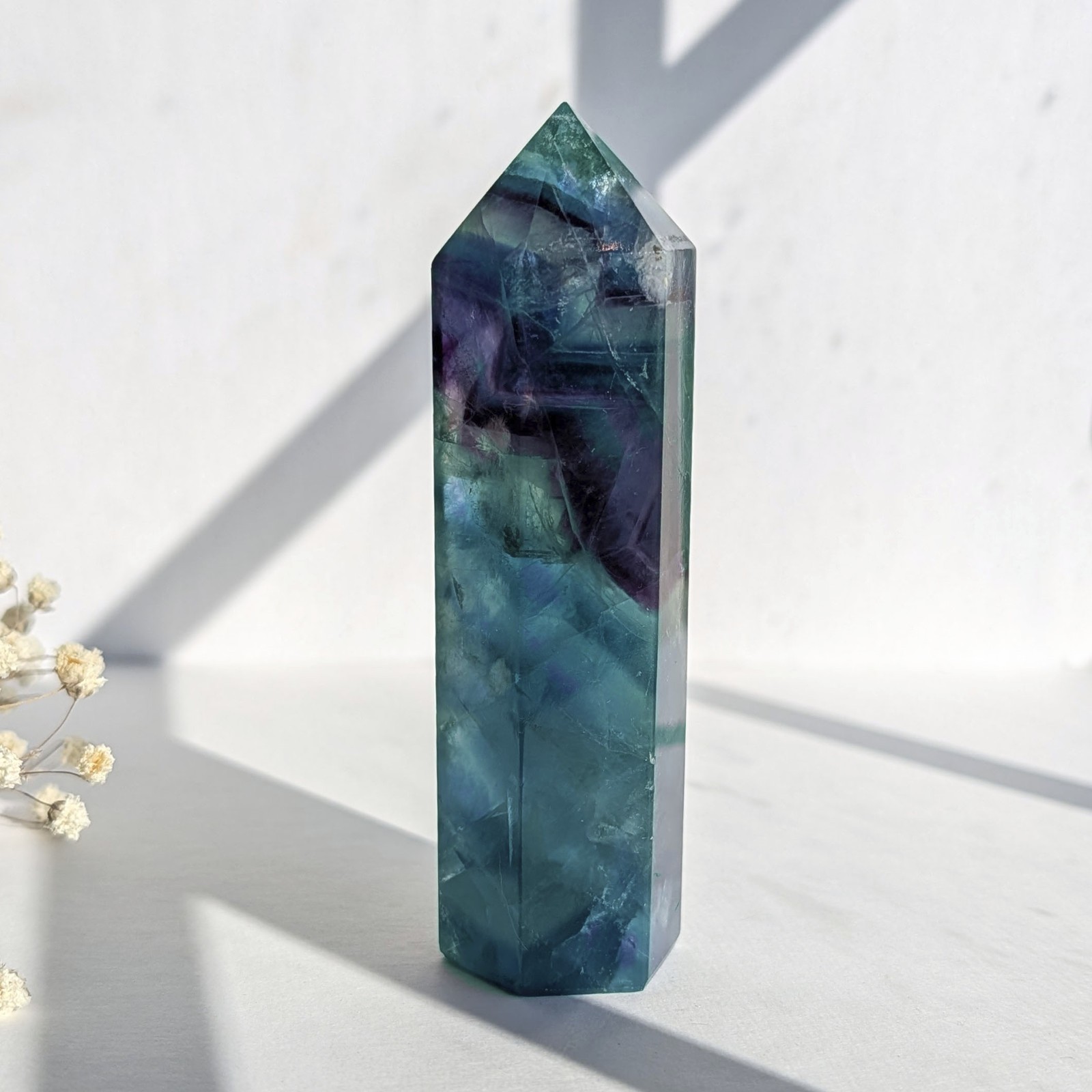 4″ rainbow fluorite tower, teal purple green blue fluorite crystal generator