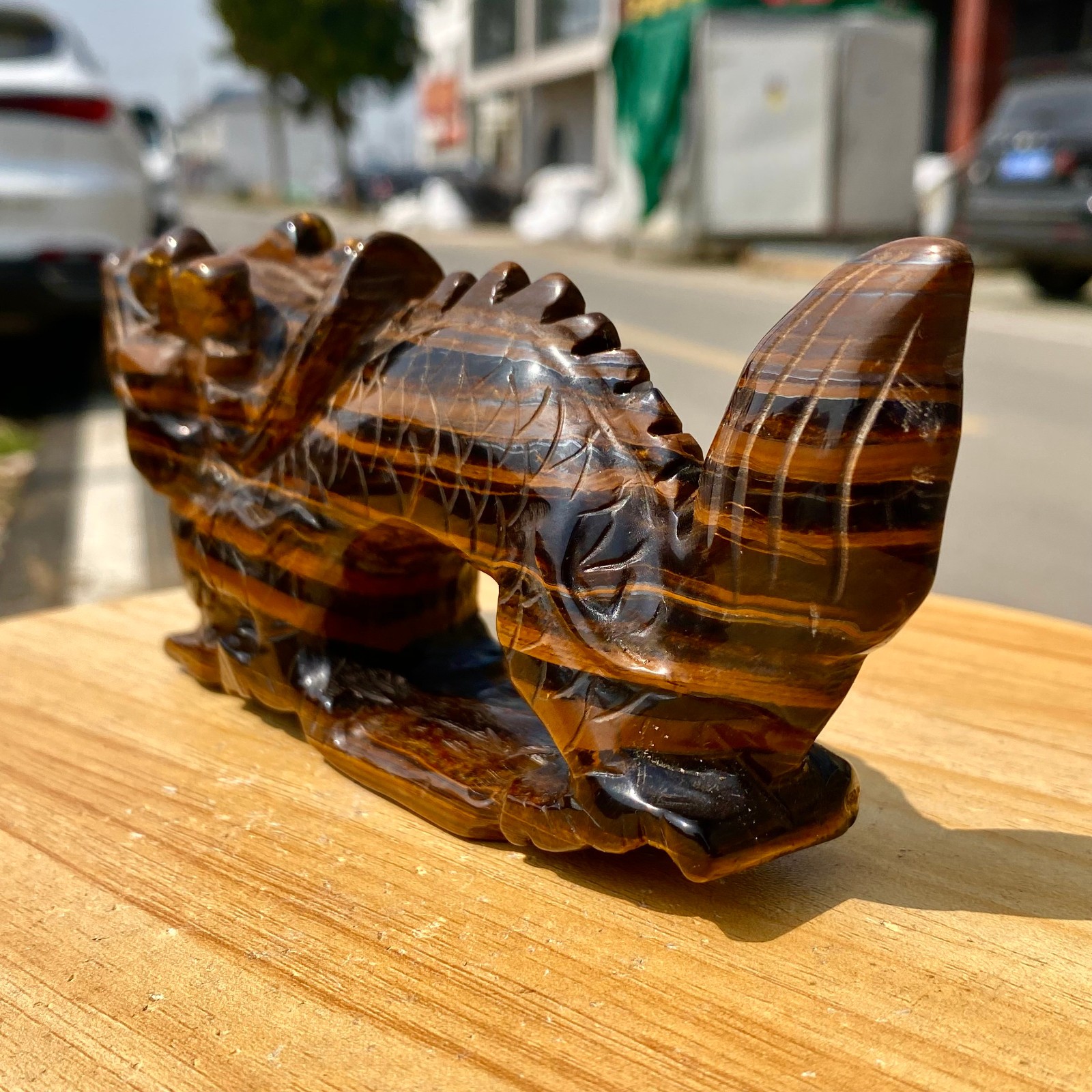 495G Natural Tiger Eye Hand Carved Dragon Figurine Crystal Healing Stone