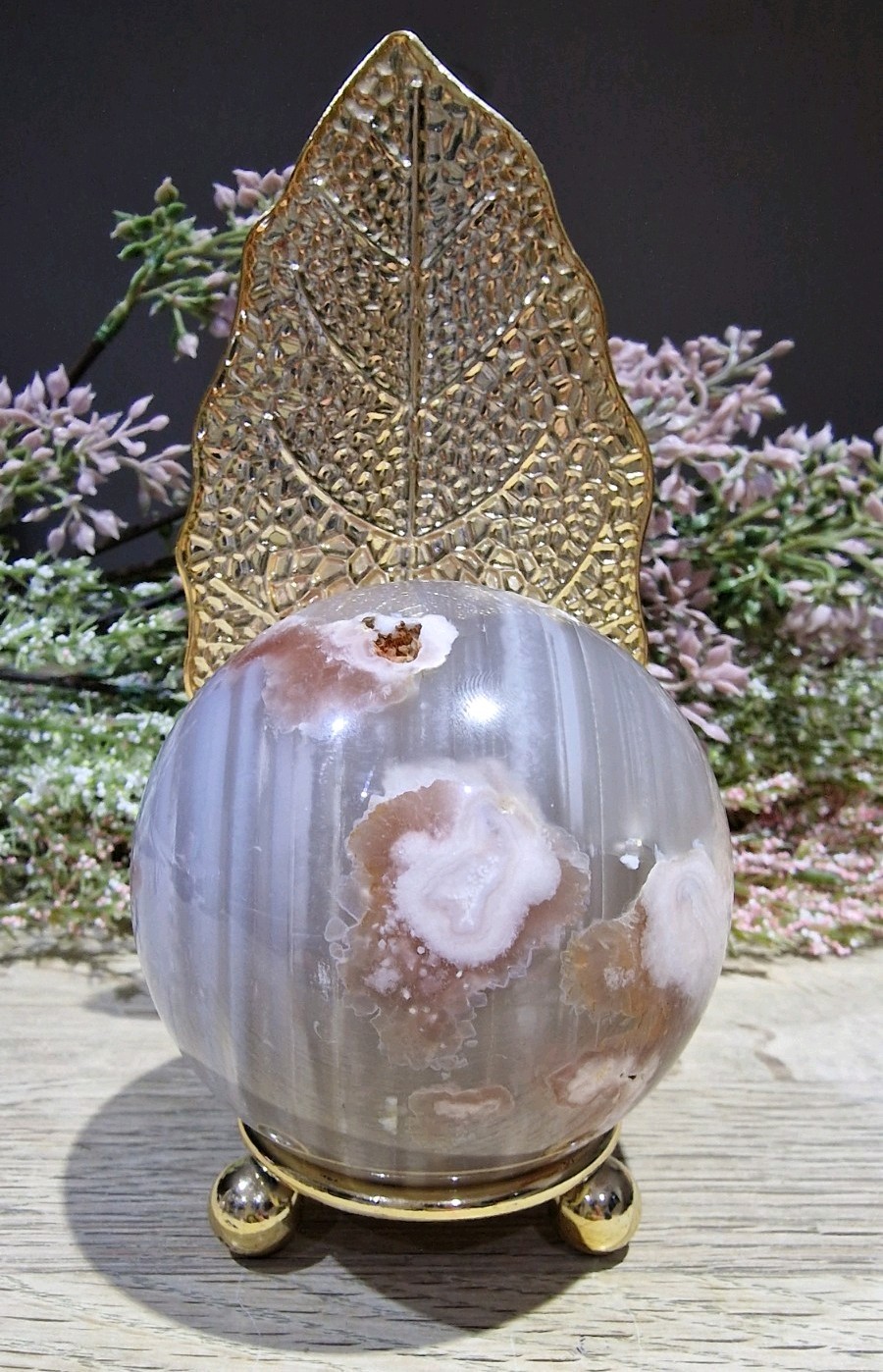 Flower Agate Crystal Sphere 537g 73mm UV Reactive Free Stand