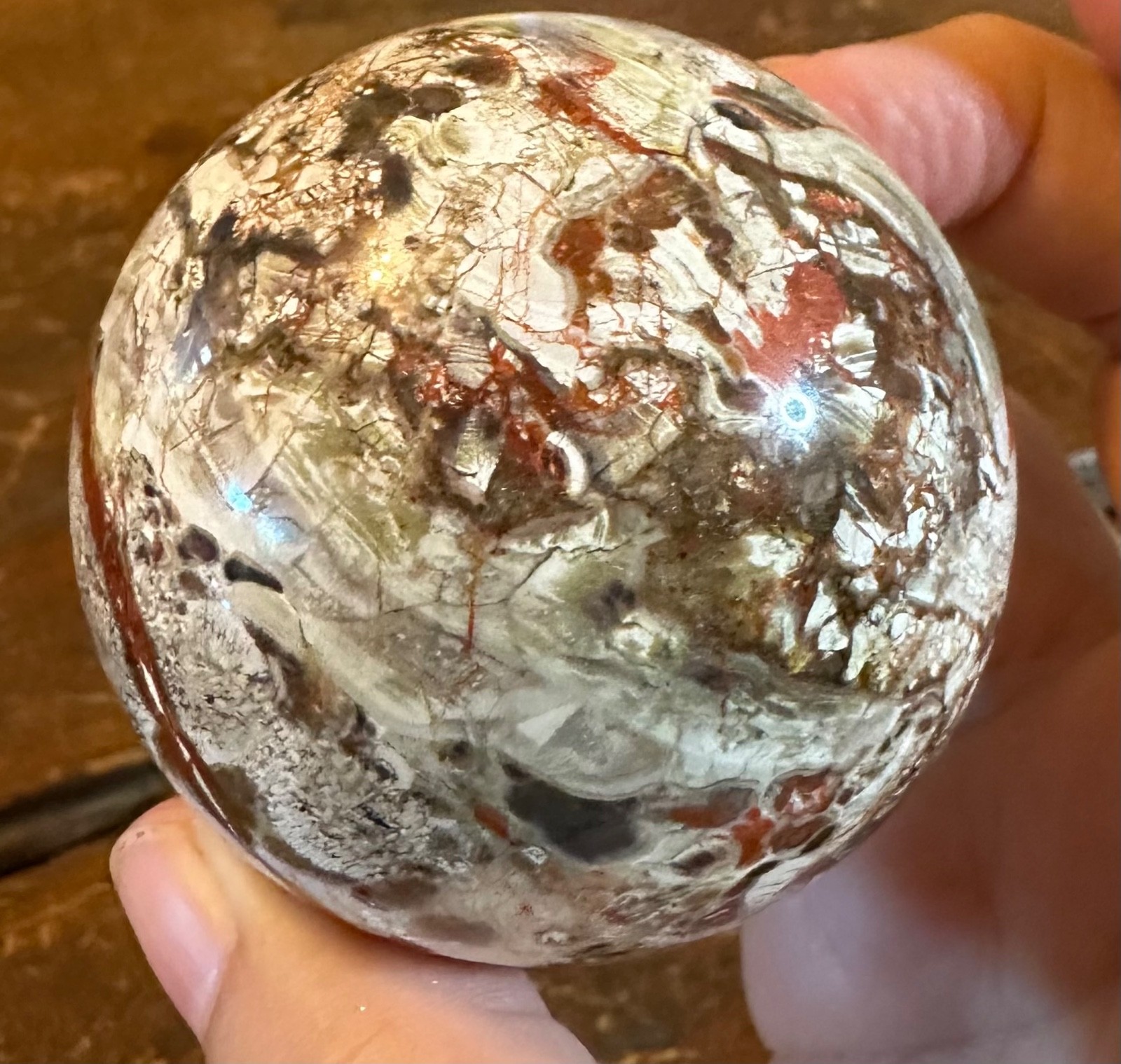 Colorful Money agate crystal sphere with brown resin petal stand free shipping