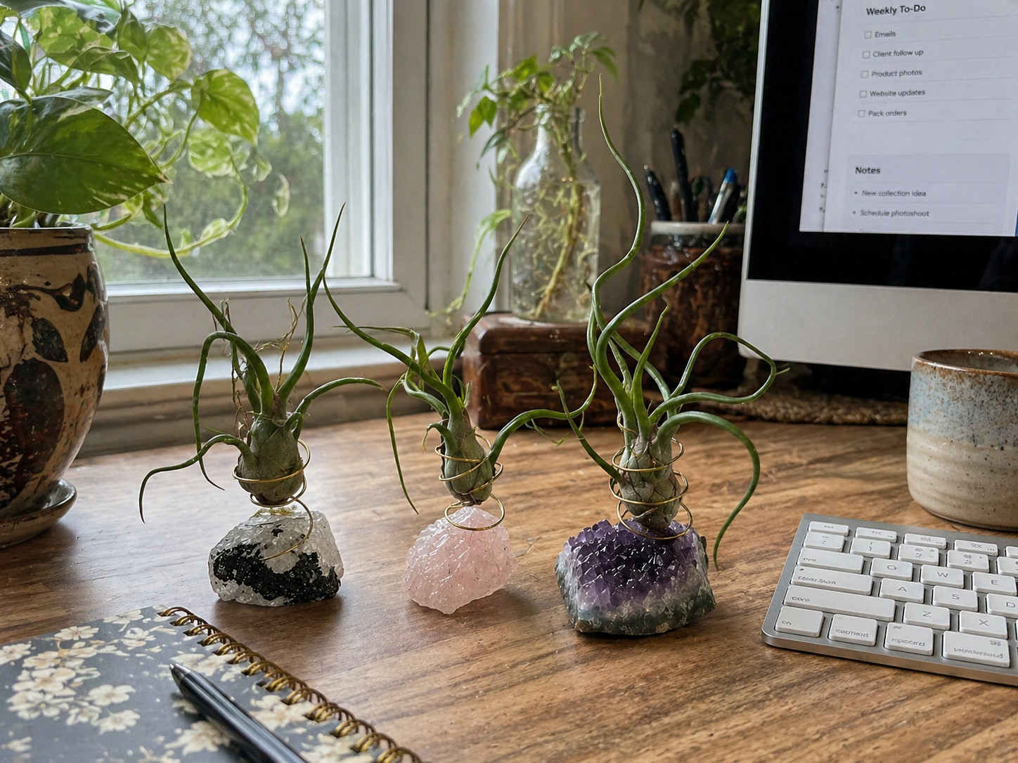 Air Plant Holder Geode Crystal w/ Bulbosa + Spray Bottle & Care Kit BOHO GIFT