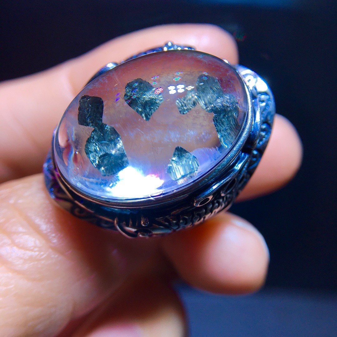 All-natural chalcopyrite oversized gemstone ring with full bezel