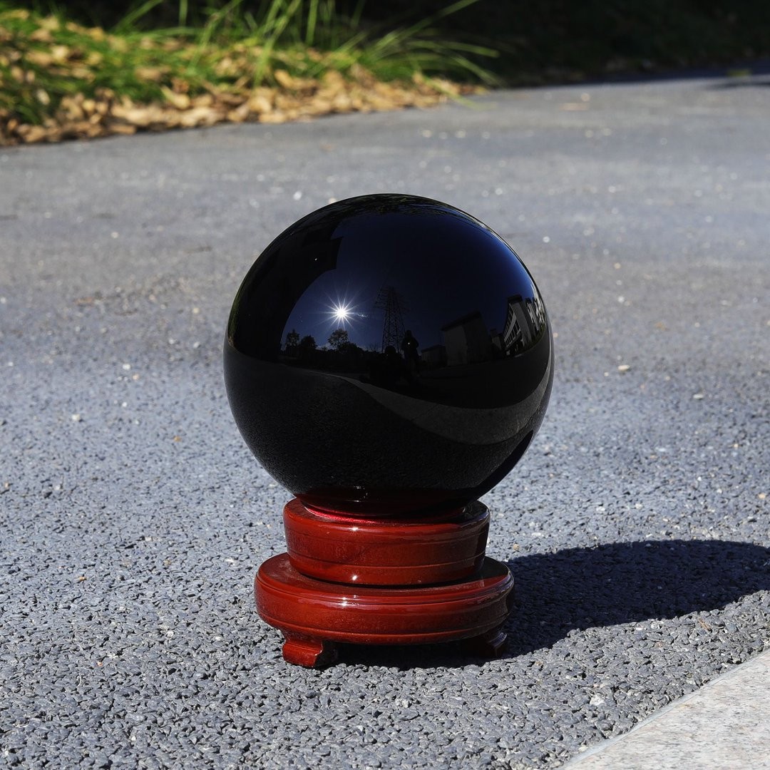 LONGWIN 200MM Black Crystal Ball Meditation Glass Sphere Photo Prop Free Stand