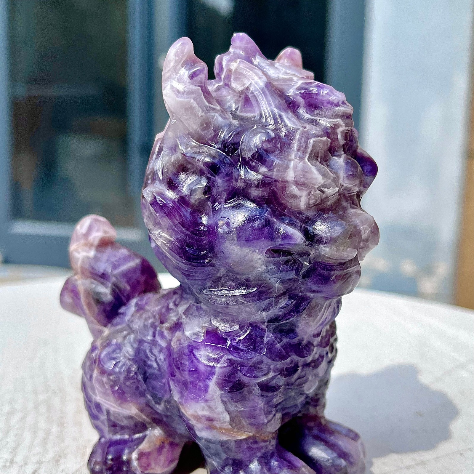 1.49LB Natural dreamy amethyst lion hand carved skull healing