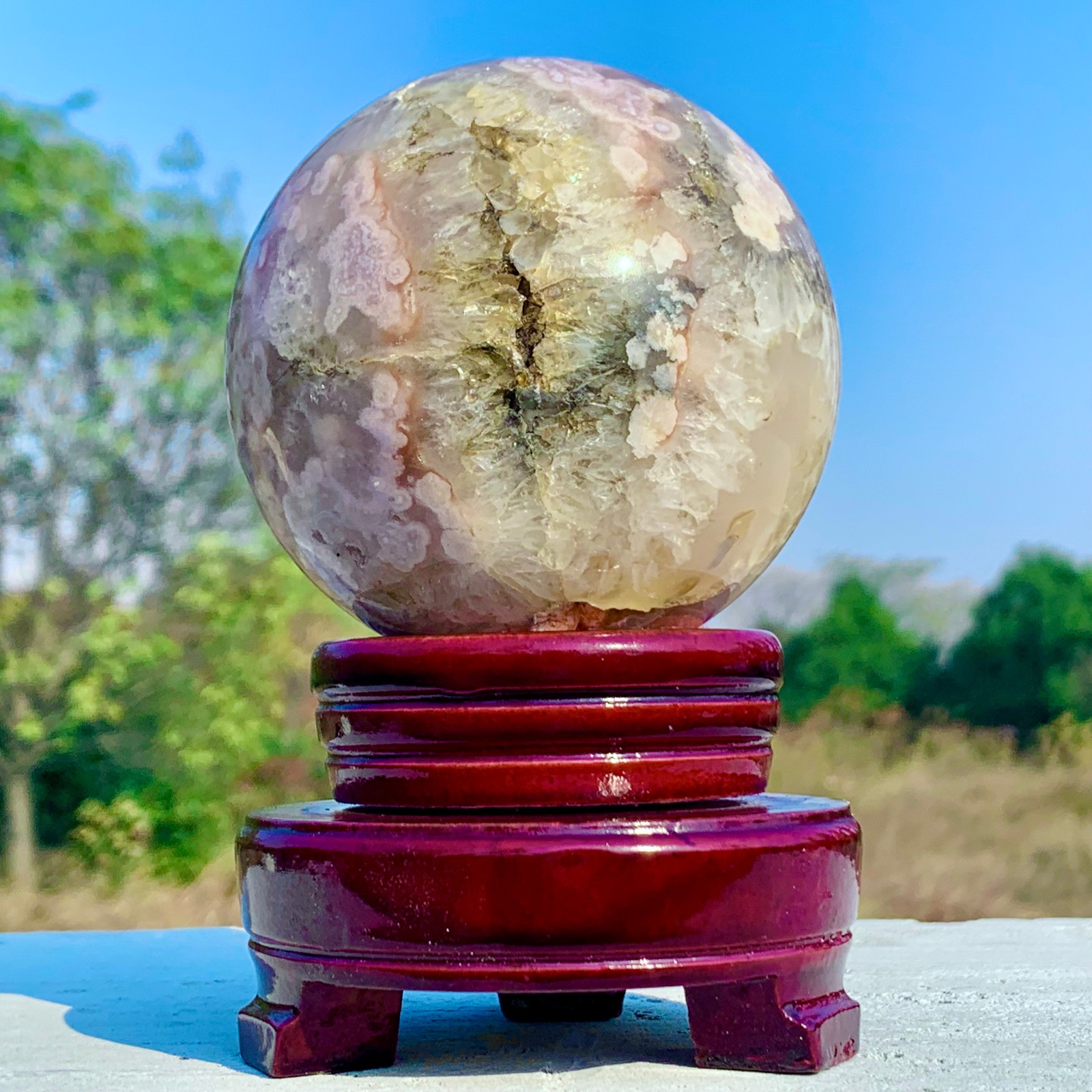 1.92LB Natural Pink Cherry Blossom Agate Geode Quartz Sphere Crystal Energy Ball
