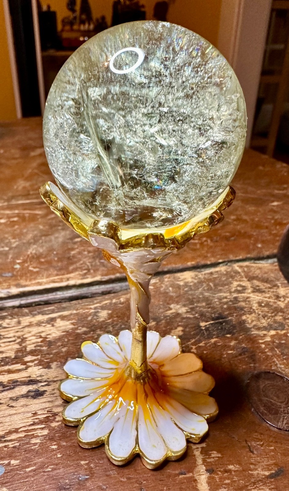 Lemon quartz crystal sphere with yellow daisy metal stand Free shipping