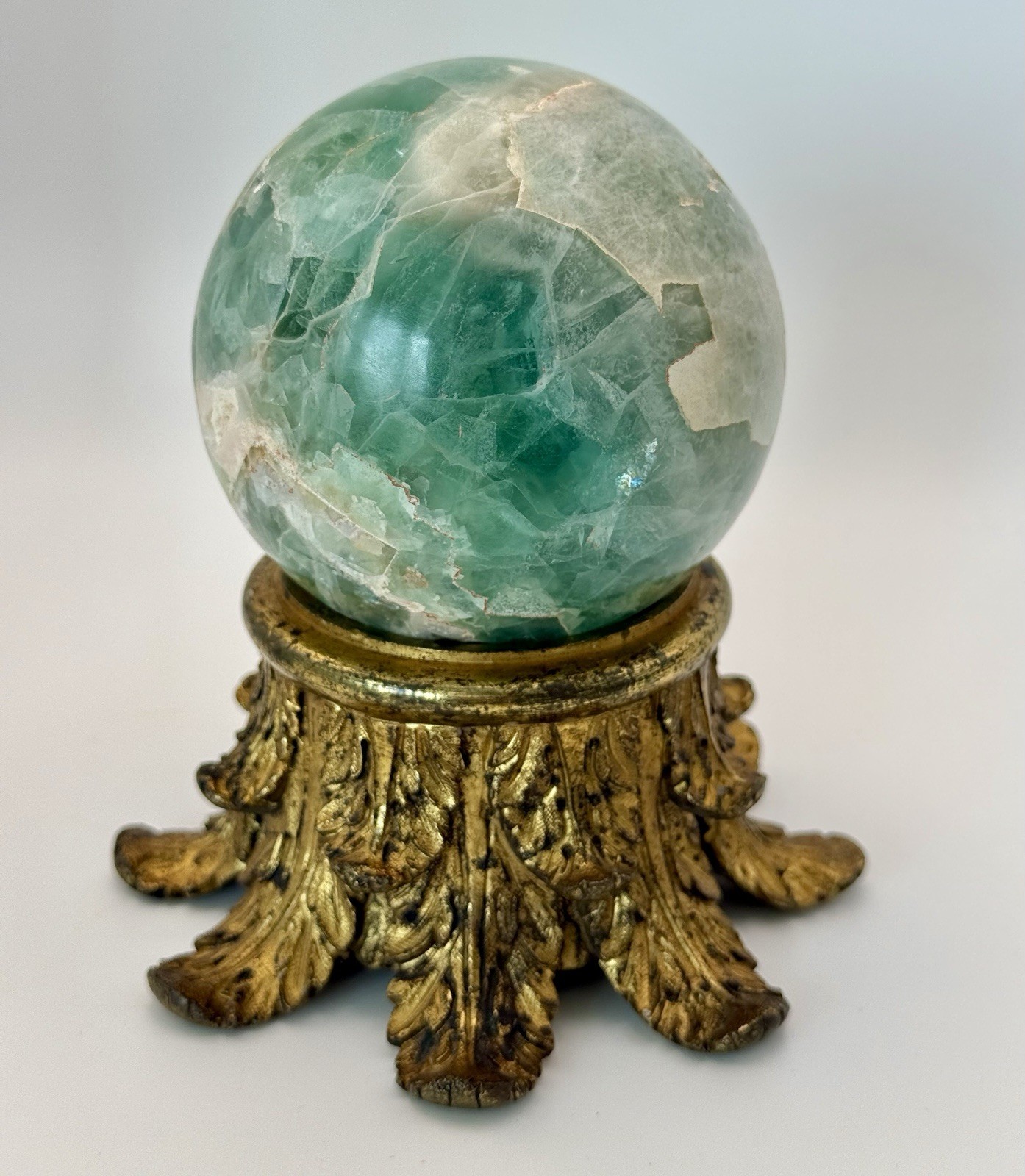 Green Fluorite Crystal Sphere / Crystal Ball On Ornate Antique Gilded Base