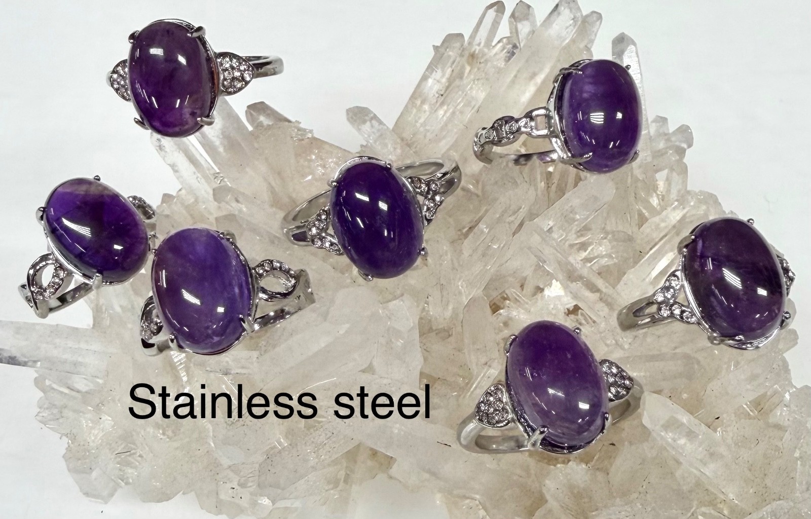 Wholesale 7 Pcs Natural Amethyst Stainless Steel(316) Rings 10x14mm Crystal