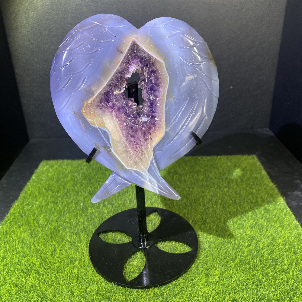 1.1LB 7.6″Natural A+Geode Amethyst Heart Wing Statue Crystal Reiki Carving Decor