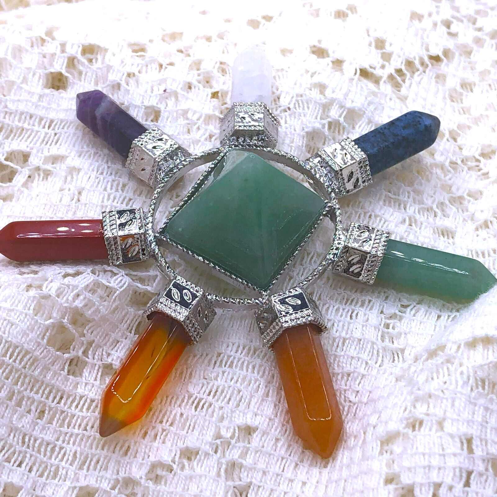 SEVEN CHAKRA STONES -Obelisks with Pyramid Center – ALTAR CENTERPIECE – Wicca 03