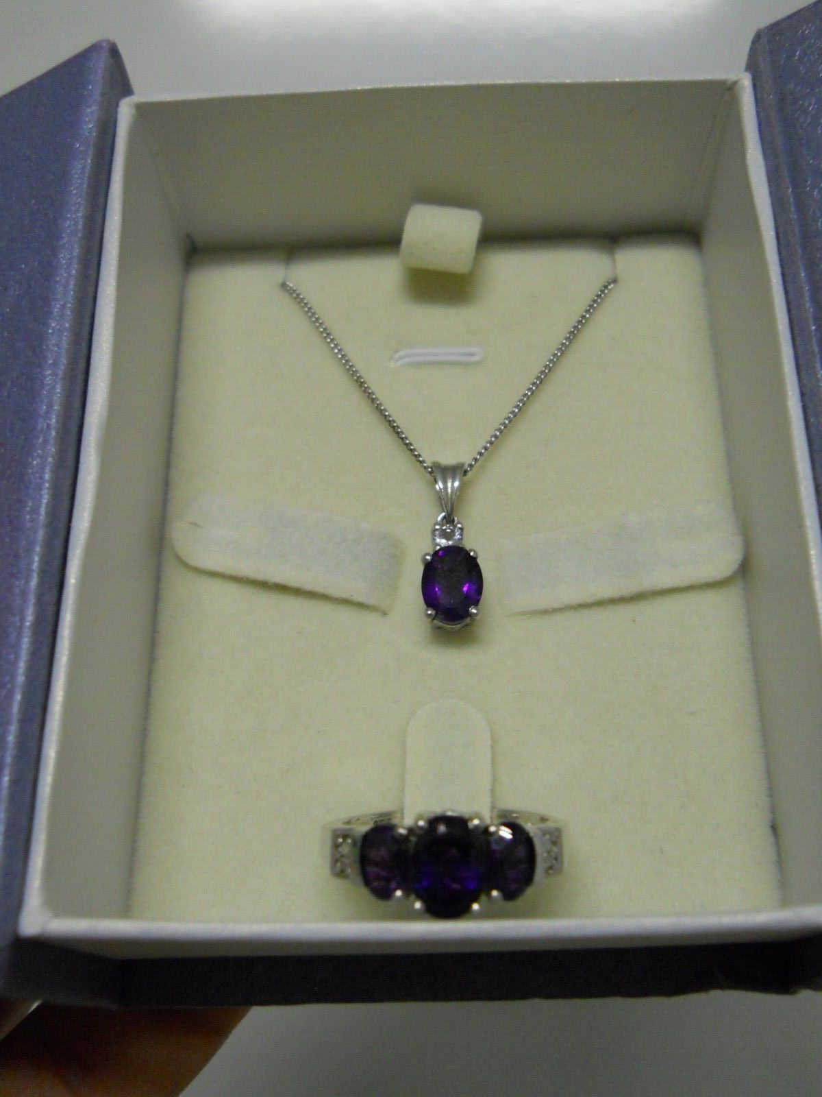 Sterling Silver Purple Amethyst Jewelry Set, 24″ Necklace & Ring Size 7.5 #866