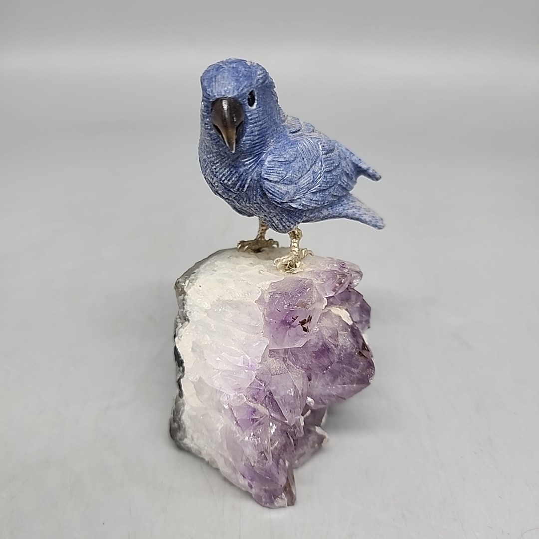 Vintage gemstone Blue Ceramic Macaw perched on Purple amethyst base 4″