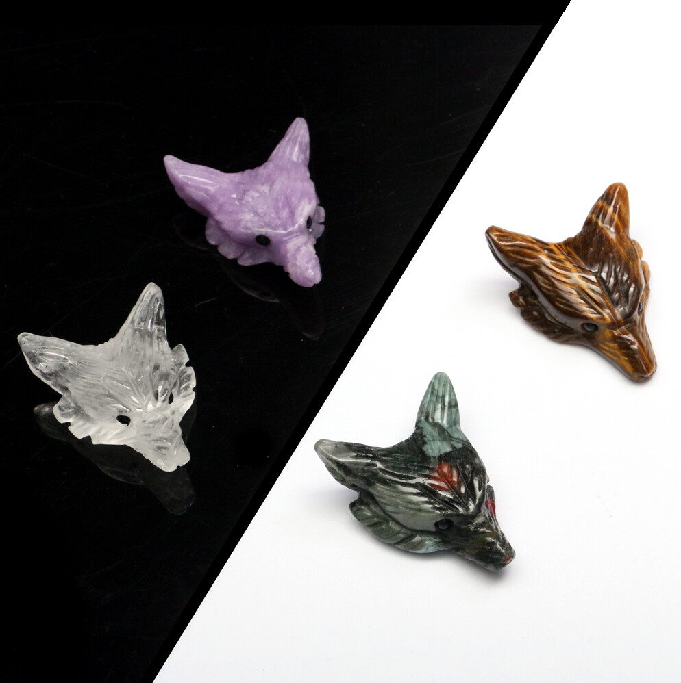 Wolf Head Pendant Natural Crystal Healing Quartz Stone Carved DIY Necklace Decor