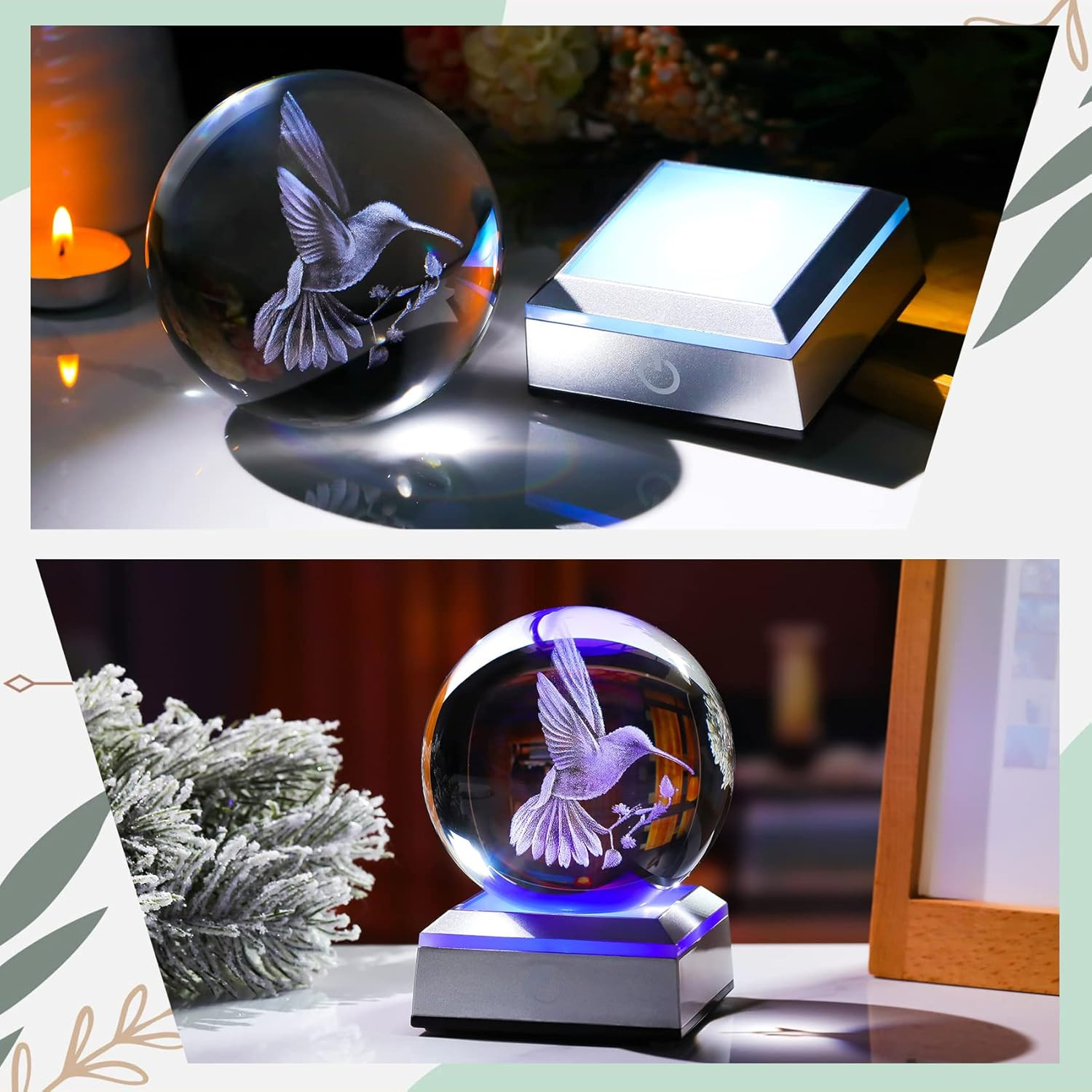 Crystal Ball 3D Engraved Hummingbird with LED Colorful Base, 3.15″ Glass Sphere