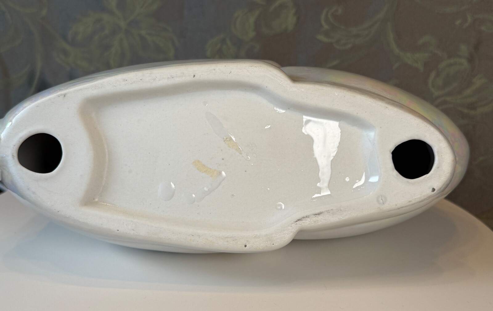 Ceramic White Iridescent Rabbit with flower decor on sides 9.5″ x 7″