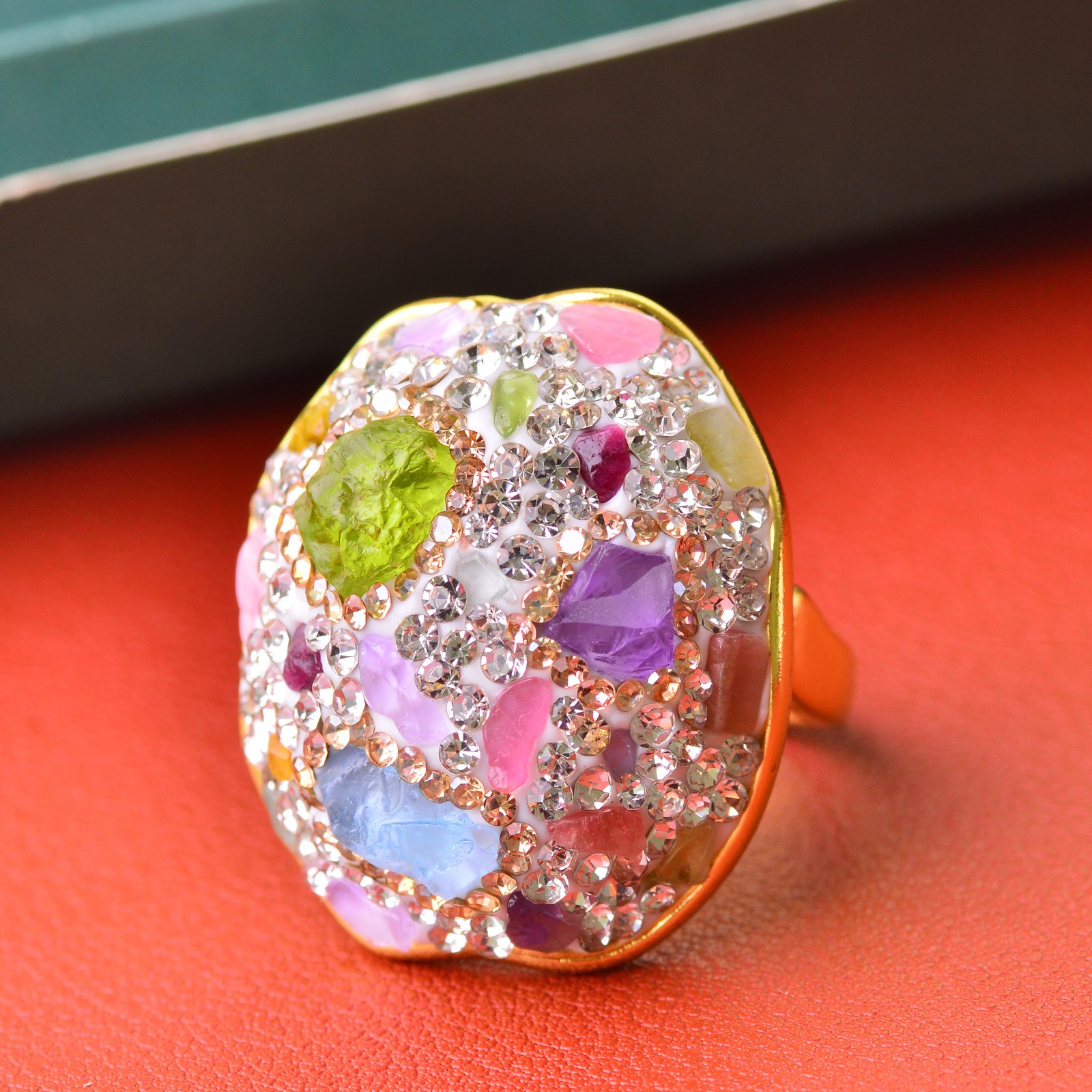 Crystal-encrusted gemstone ring alloy inlaid with handmade Energy Crystal