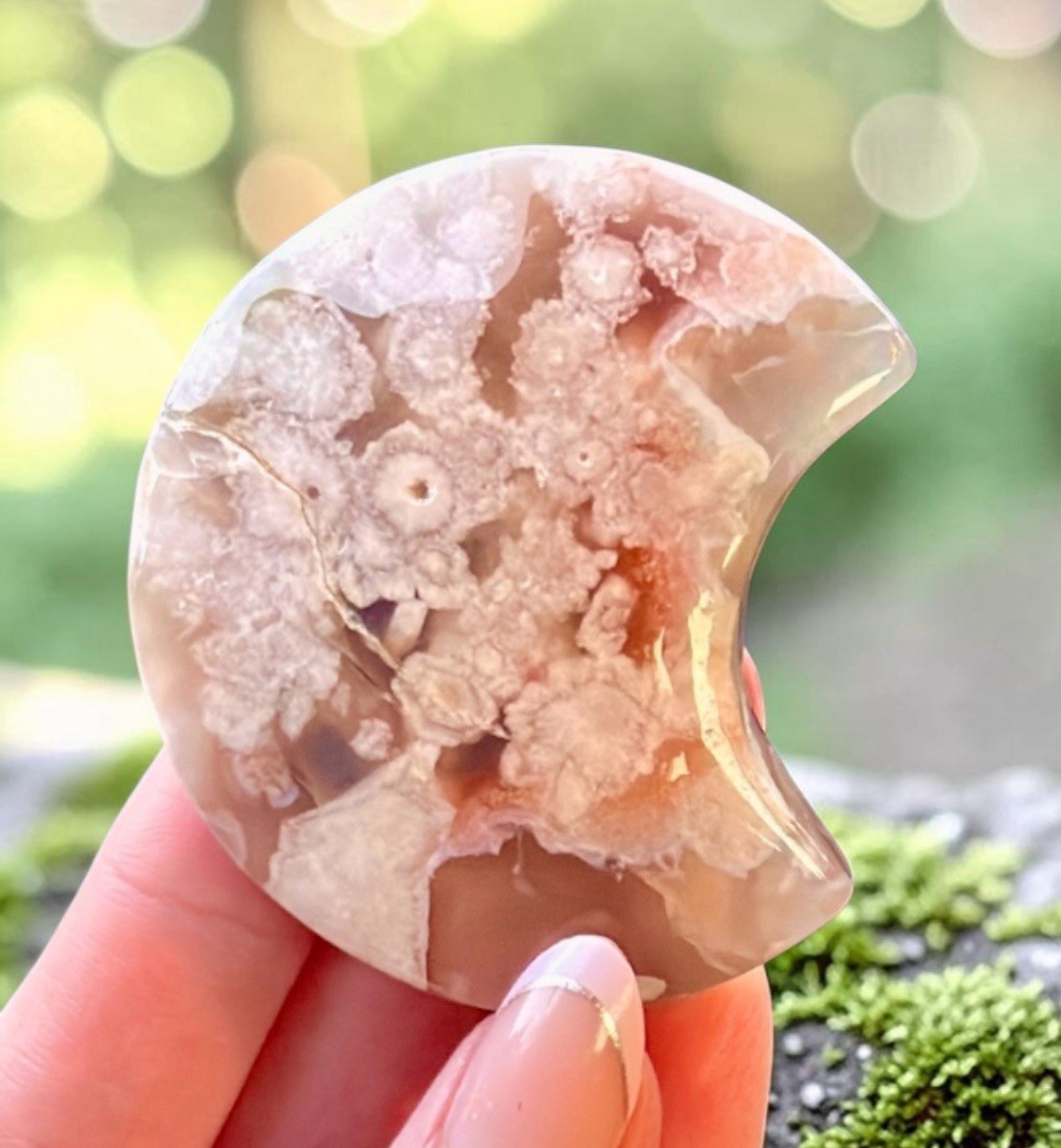 Pink Flower Agate Crescent Moon Set Aura Rose Quartz Heart Crystal Bundle 4pc