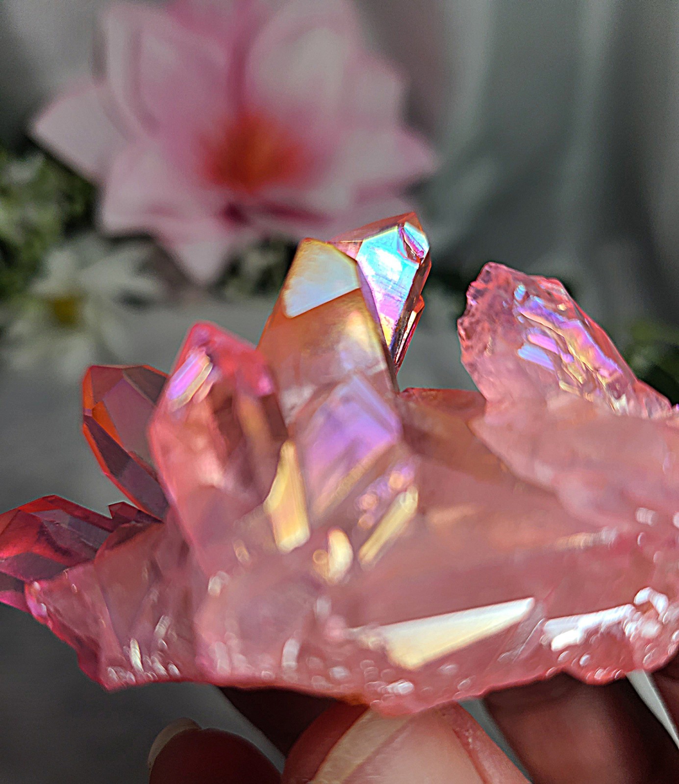 2.6″ 65g Beautiful Brazilian Pink Rainbow Aura Quartz Crystal Cluster Point