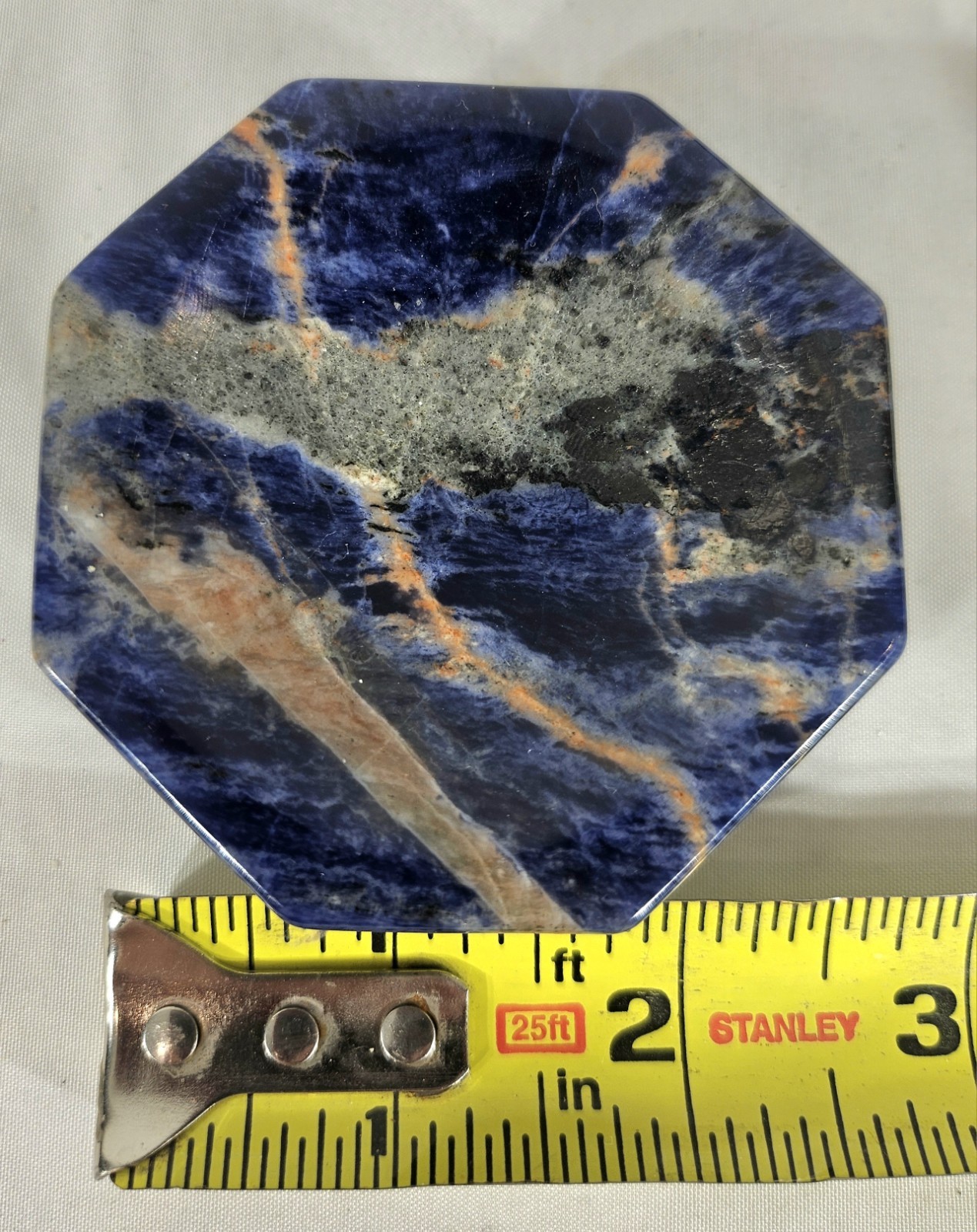 Large Polished Sodalite Octagon Bowl Deep Blue & Orange Veins 4-5″ Crystal Dish