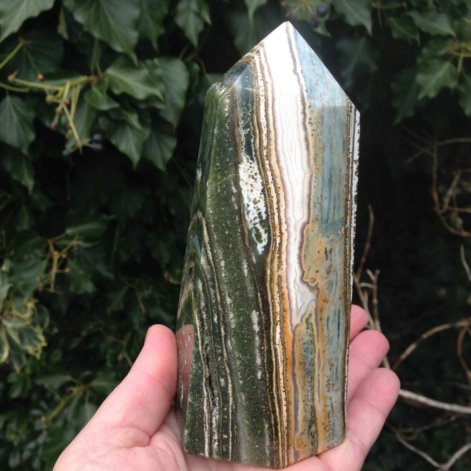 Ocean Jasper Large Crystal Point Obelisk Tower Atlantis Stone 788g 13.8×6.7cm