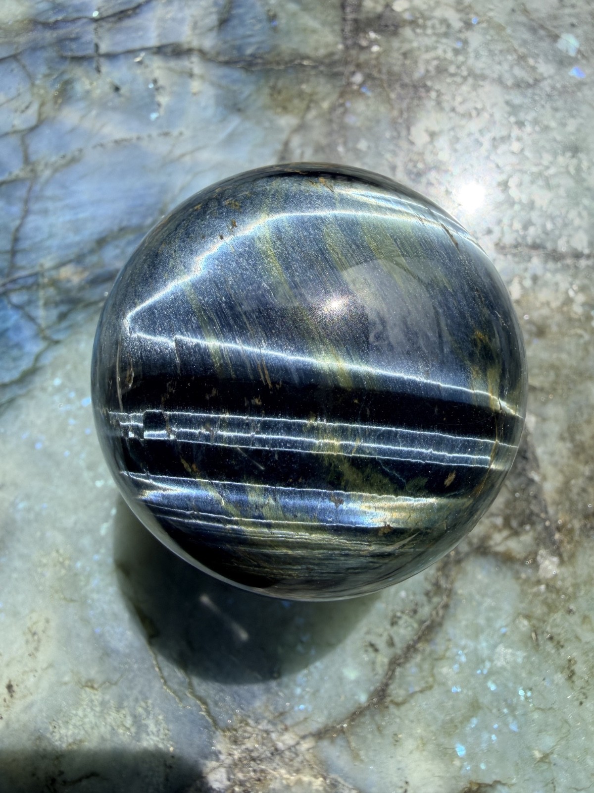 Blue Tiger’s Eye (Hawk’s Eye) Sphere | Intense Chatoyancy Cat’s Eye Effect 2.3″