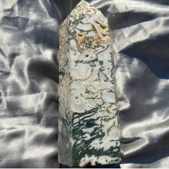 Natural Mossy Agate Quartz Crystal Tower Obelisk Wand Point 9 in tall