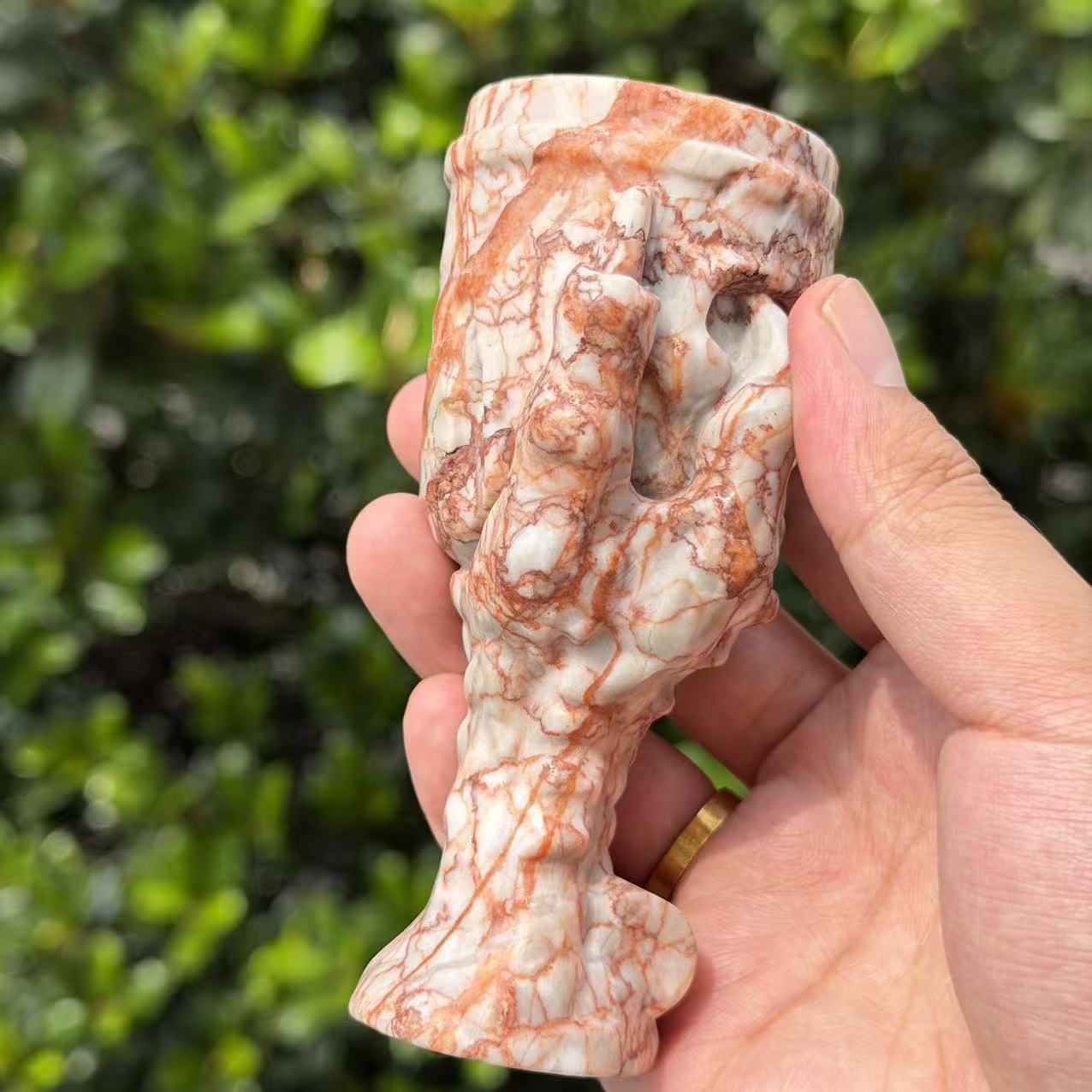 430g Natural Red Network Jasper Dragon Claw Skull Candle Holder Table Decor