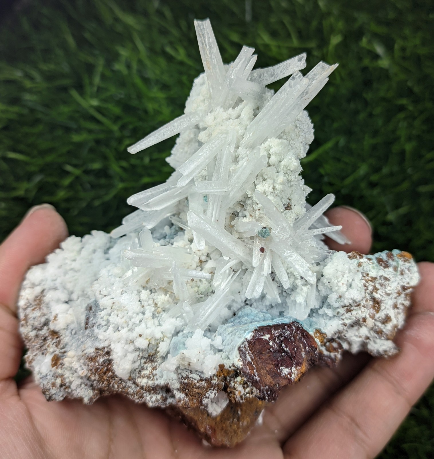New Find White Aragonite with Blue Malachite on Matrix Limonite, Specimen – Pak.