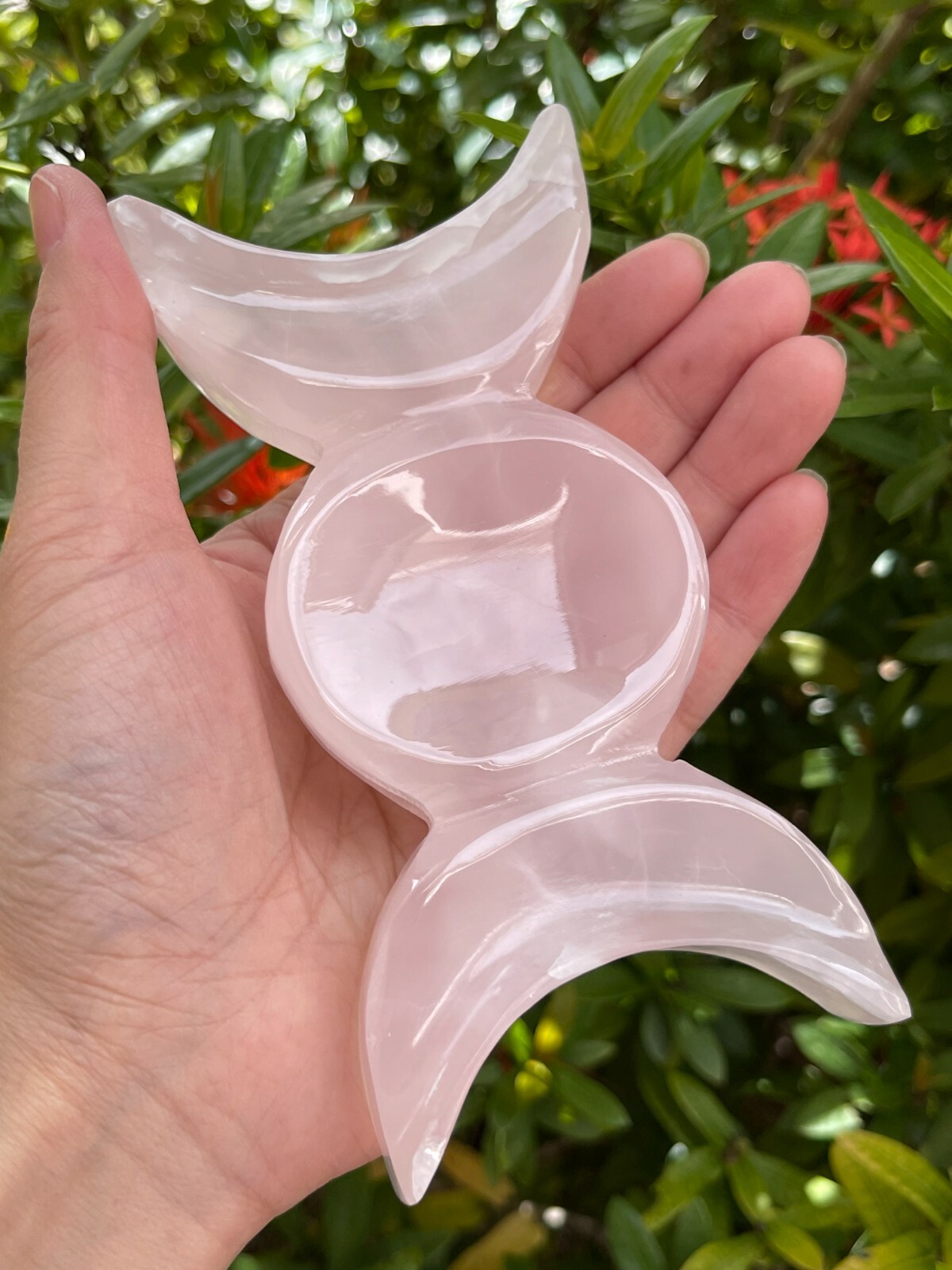 Triple Moon Pink Calcite Bowl, 5″ & 7″ Long Calcite Pink Triple Moon Carved