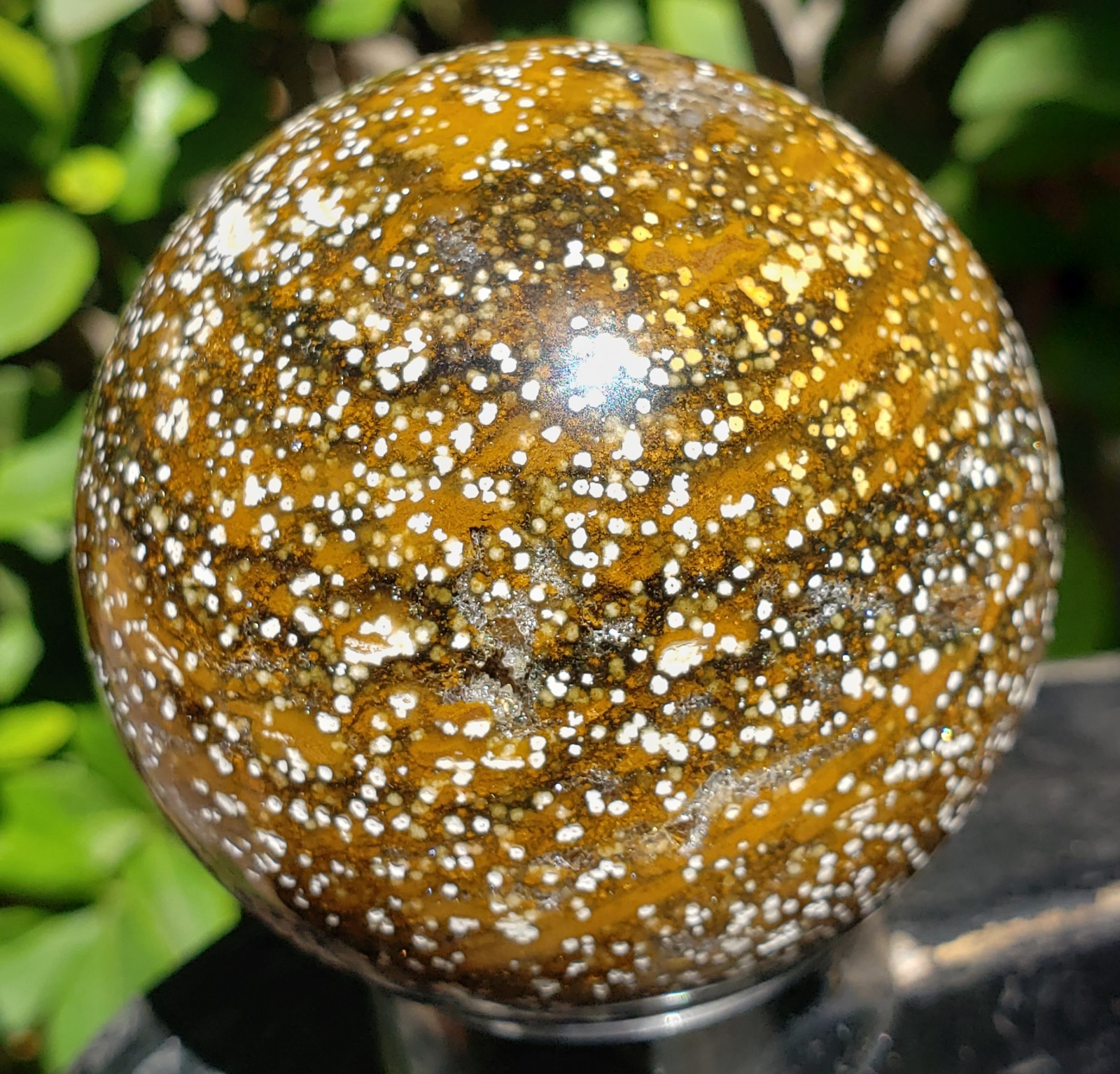 2.1″ Natural 8th Vein Orbicular Ocean Jasper Crystal Sphere Quartz UV Druzy,199g