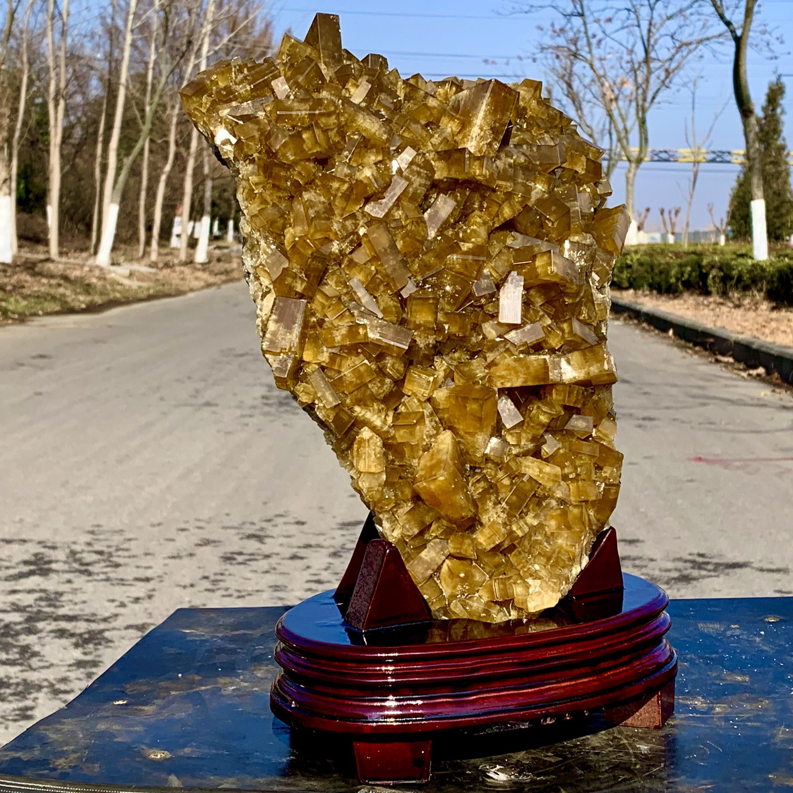 16.14LBShiny Golden Cuboid Barite Crystal Based on the Purple Spherical Fluorite