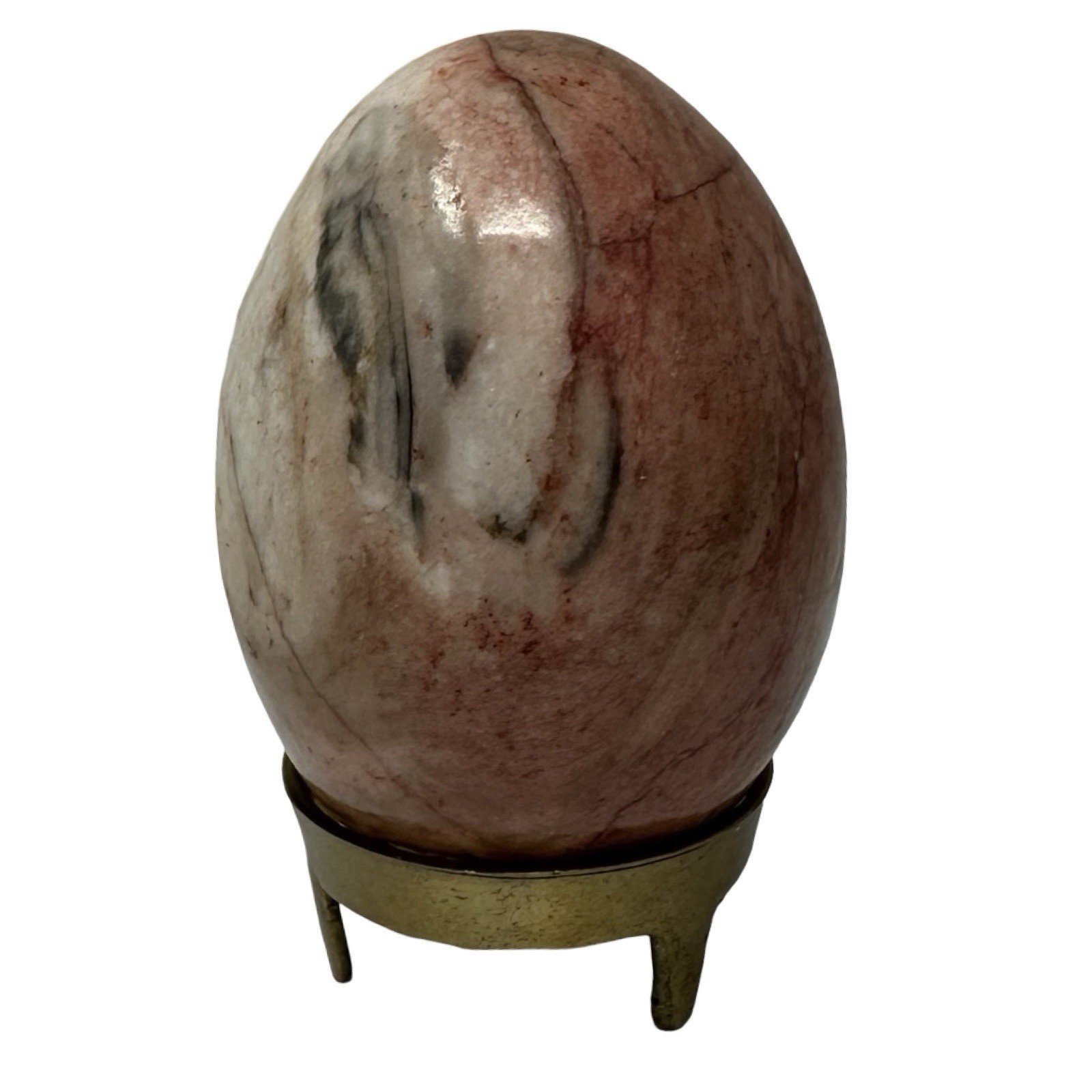 Vintage 70s Marble Alabaster Stone Egg Pink White Black Decor 3″ w/ Brass Stand