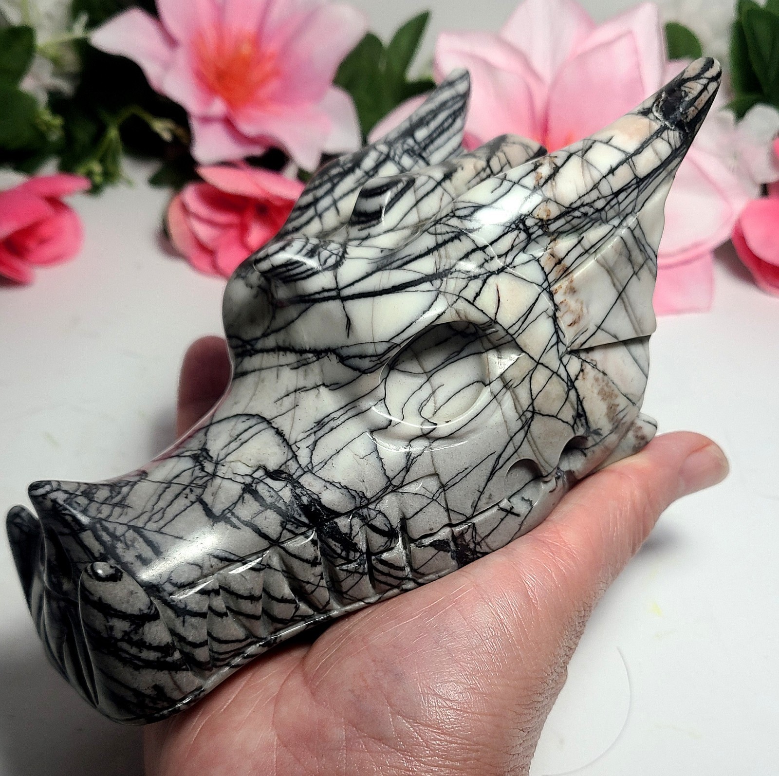 6″ 2.2 lb Elegant Picasso Jasper Dragon Head Skull Crystal Carving Stone Statue