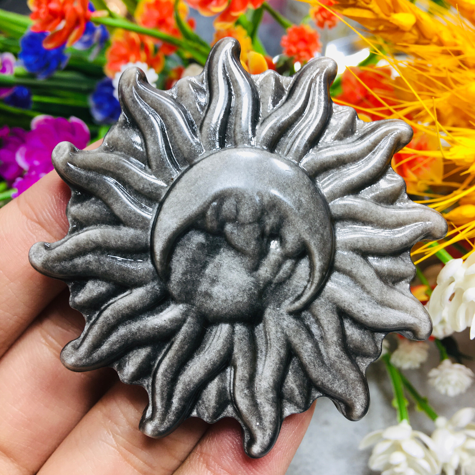 Natural Silver Obsidian Sun Moon Quartz Skull Crystal Specimen Reiki Healing 1pc