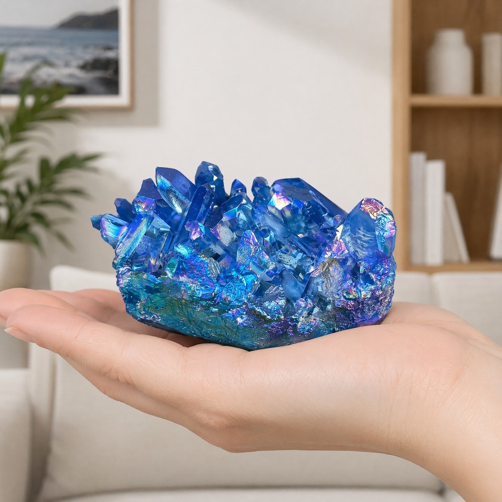 1pc Titanium Aura Bright Blue & Purple Quartz Multicolor Cluster Healing Decor